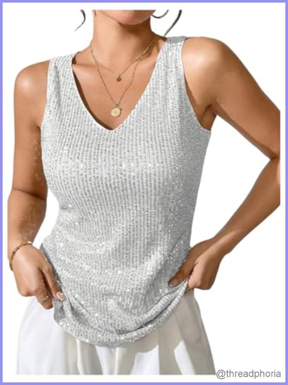 Sequin Tank Top V Neck Sparkly Glitter Party Top for Women
